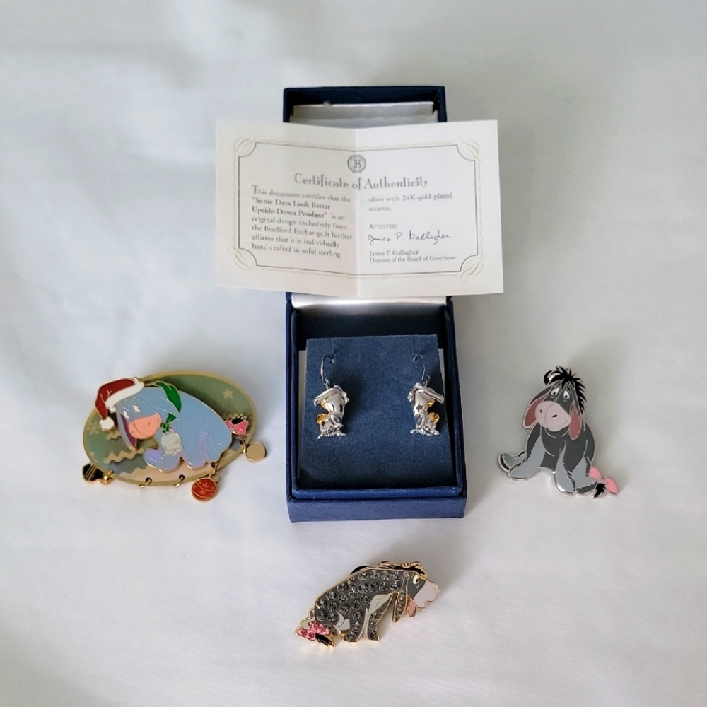 Bradford Exchange Eeyore Sterling Silver 925 EARRINGS dangle Disney With Gold